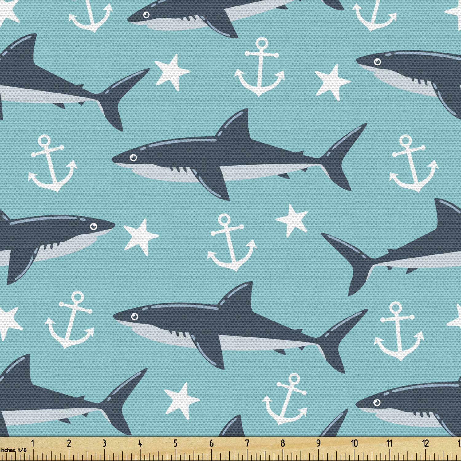 Lunarable Blue Nautical Fabric by The Yard, Demonstration of Shark Star and Anchor Silhouettes Sea Animal, Decorative Fabric for Upholstery and Home Accents, 1 Yard, Turquoise Blue