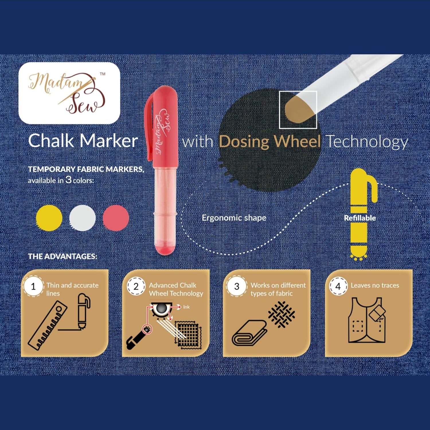 Madam Sew Chalk Fabric Marker for Sewing and Quilting – Tailors Liner Pen Creates Consistent Erasable Lines with Dosing Wheel Technology – Suitable for Cotton, Knit, Suede and More (White)