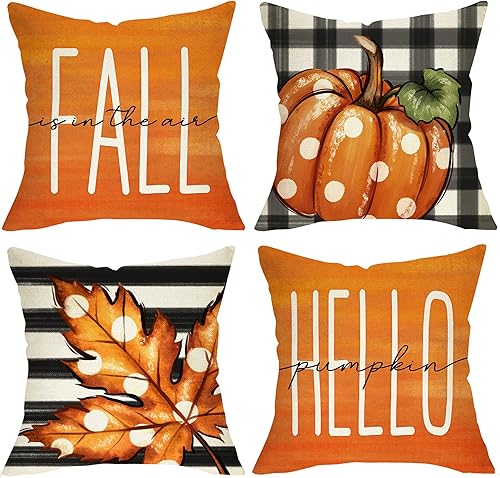 Fall Hello Pumpkin - Juego de 4 fundas de almohada decorativas de 18 x 18 pulgadas, diseño de lunares naranjas otoñales, hojas de arce, para