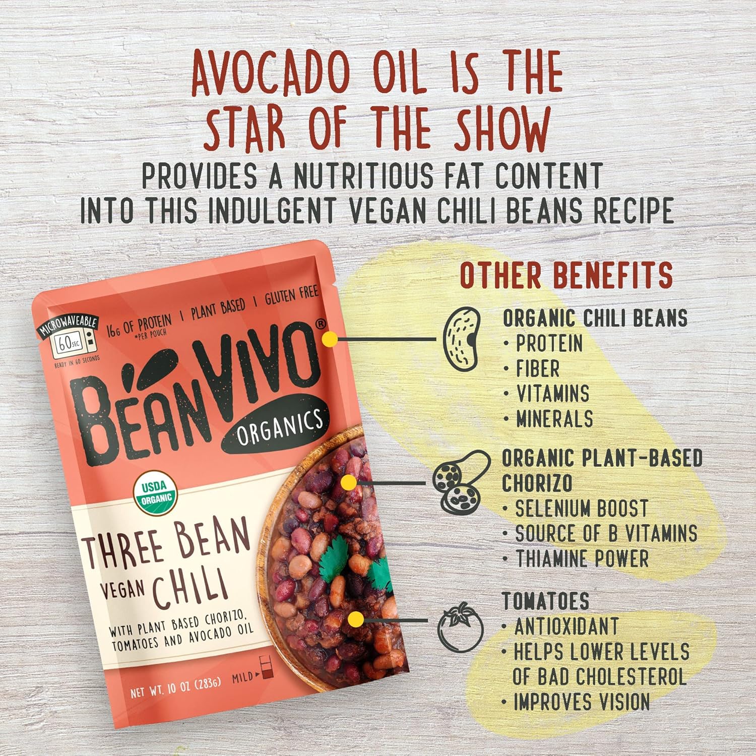 BeanVIVO (Pack of 6) Organics 16g Plant based Protein Three Bean Vegan Chili - Good Source of Fiber - Nutritious & Microwave Meal - Gluten-Free Plant Food - 10 OZ
