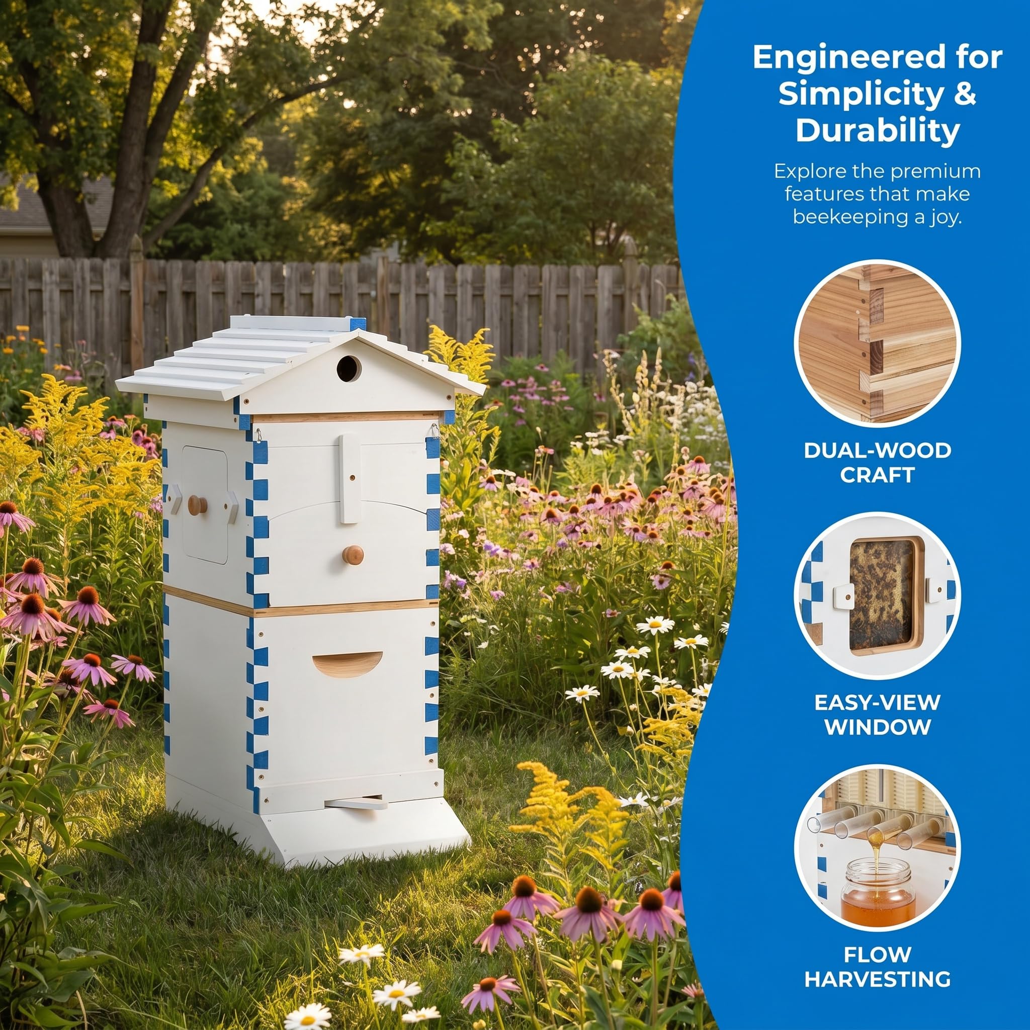 Aetherion Kit de iniciación de colmena, caja de abejas de madera autoflujo con 6 bandejas de panal, colmena de apicultura para principiantes con ventana de observación y boquilla de miel, marcos de