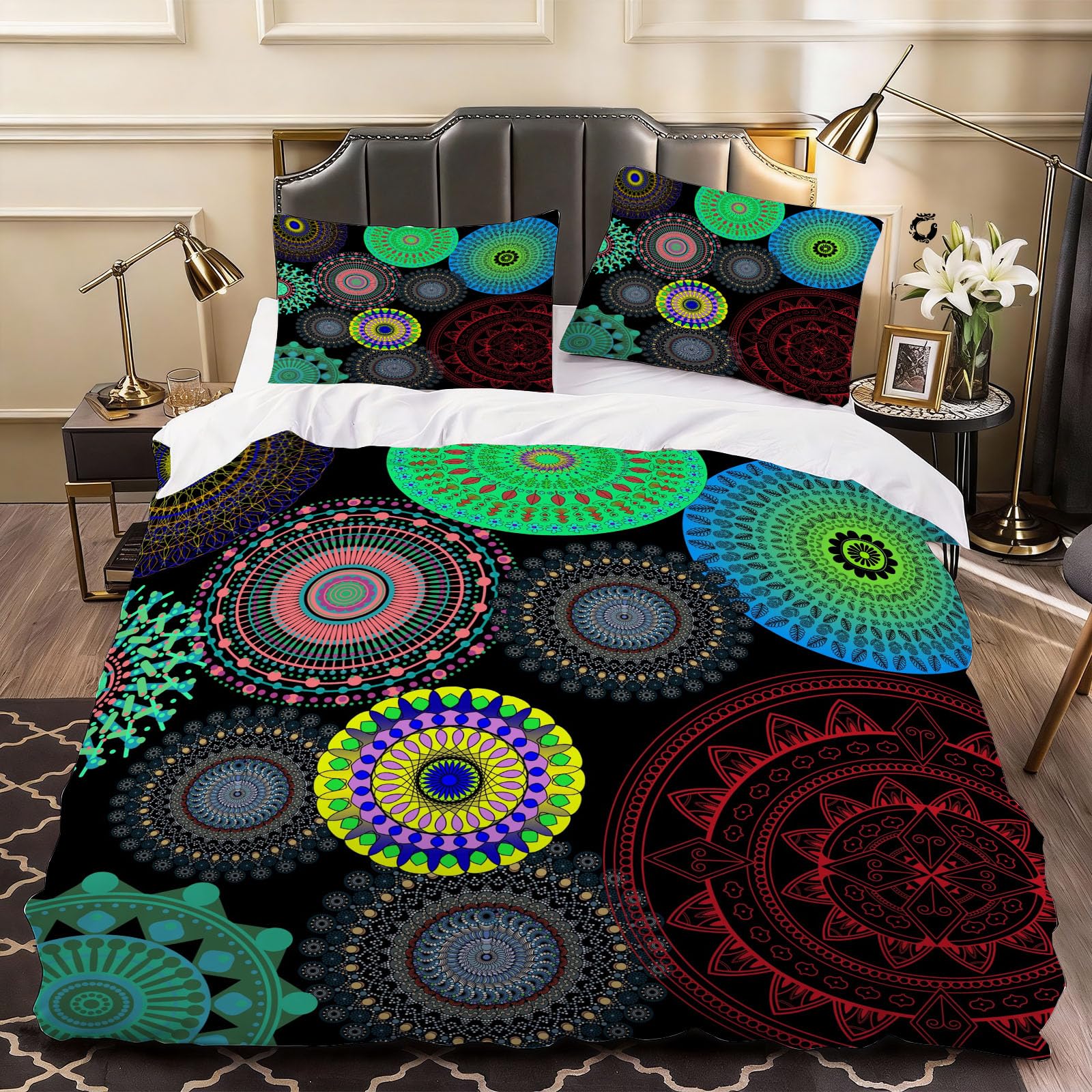 3D Geometric Creativity Duvet Cover Circle Art Bedding Double Bed Set, Soft Microfiber Comforter Cover Printed with Zipper Closure Quilt Coverr 200x200 cm and 2 Pillowcases