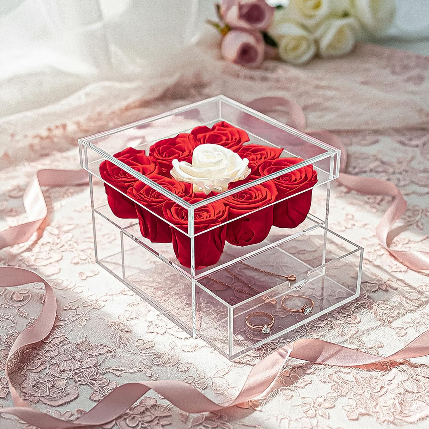 MENANA 9 Roses Preserved Flowers in A Box - Rose Valentines Day, Anniversary, Christmas, Mothers Day, Birthday Gifts for Her, Girlfriend, Wife, Mom, Women - Red Roses in Acrylic Keepsake Box - Image 4