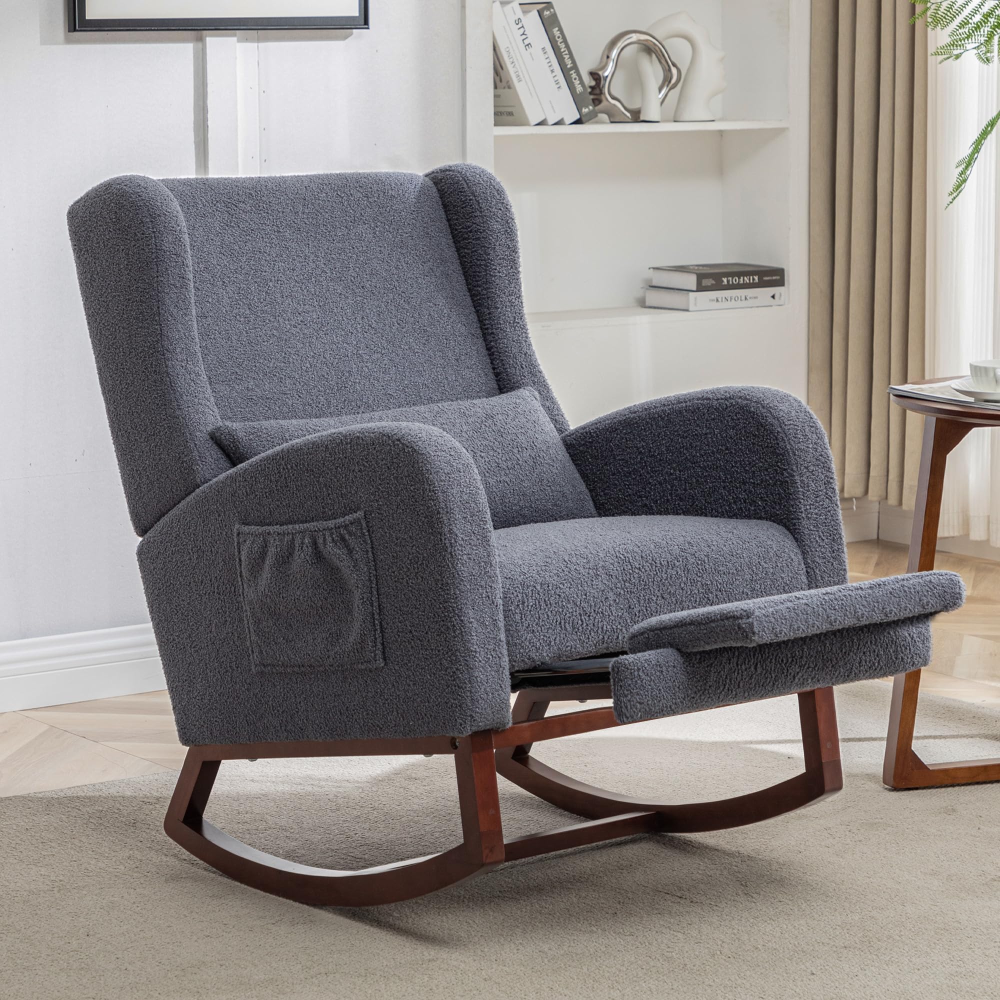 HCHAIRH Rocking Chair with Foot Rest,Teddy Nursery Rocking Chairs, Wingback Nursing Glider Rocker Chair with Pillow and High Back for Nursery, Living Room, Bedroom, Dark Grey
