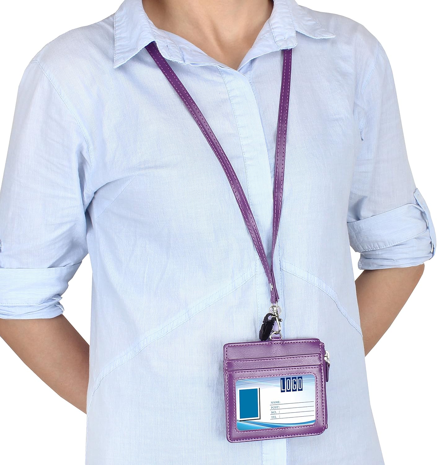 Badge Holder with Zip, Wisdompro 2-Sided PU Leather ID Badge Holder with 1 ID Window, 4 Card Slots, 1 Side Zipper Pocket and 1 Piece 20 Inch PU Neck Lanyard Strap - Purple (Horizontal) - Image 8
