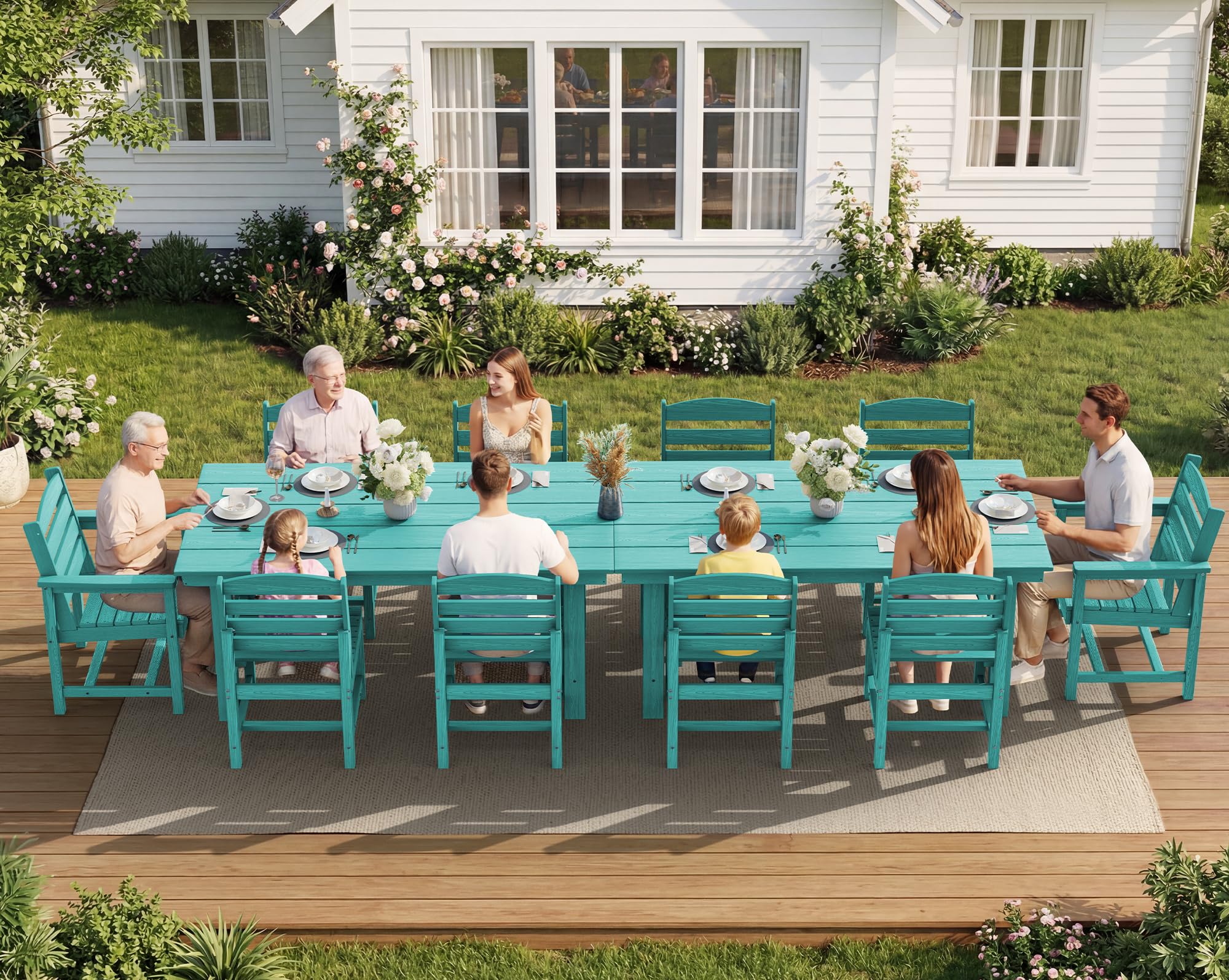 SERWALL HDPE Outdoor Dining Set for 10 with 2 Tables &amp; 10 Chairs, Aruba | Includes 2 Rectangular Tables(67") and 10 Chairs. All-Weather Resistant Dining Furniture
