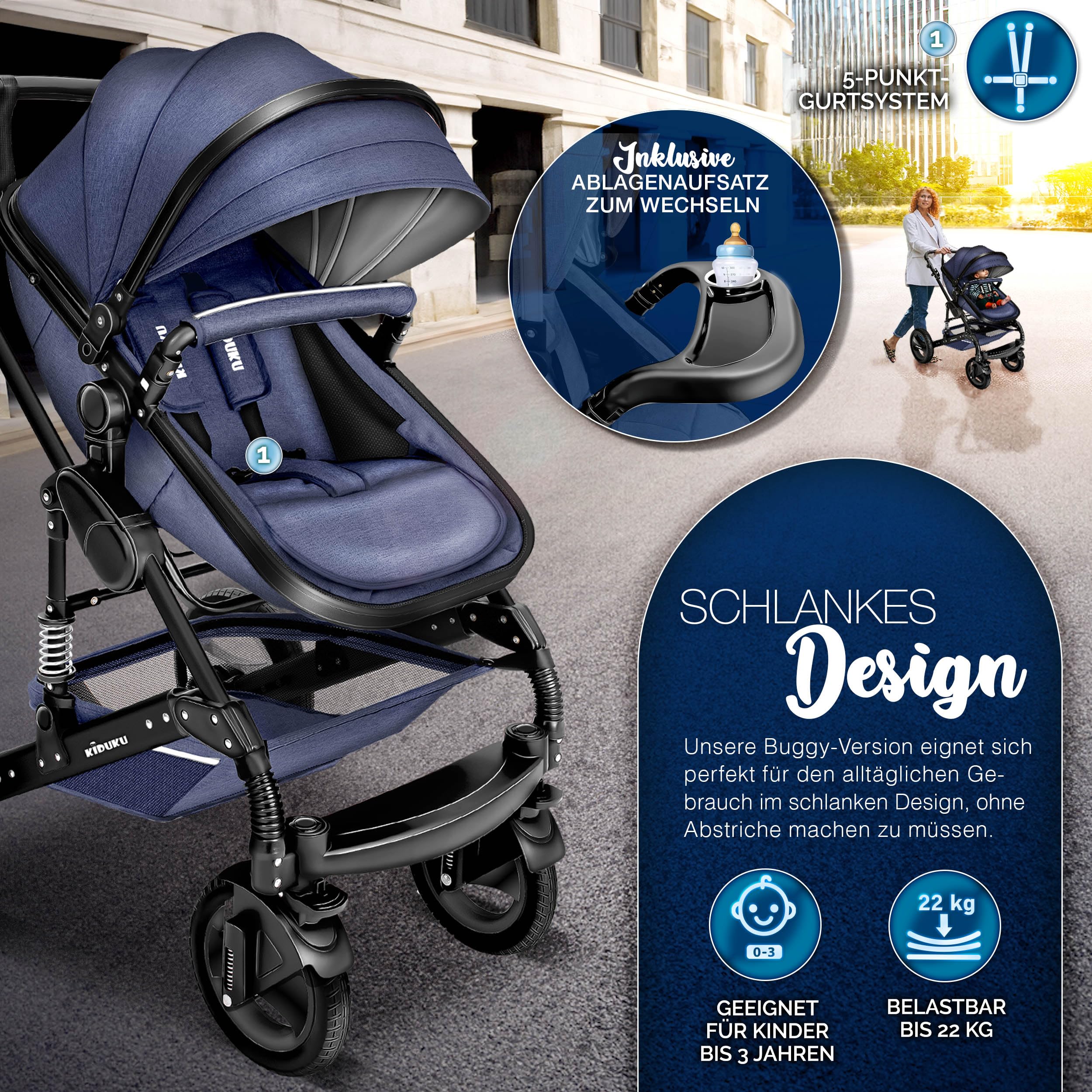 KIDUKU 3 in 1 Kinderwagen XXL Komplettset Kombikinderwagen mit Babywanne Buggy Sportsitz Auto-Babyschale Fußsack Vollgummireifen Wickeltasche Regenschutz ECE R129