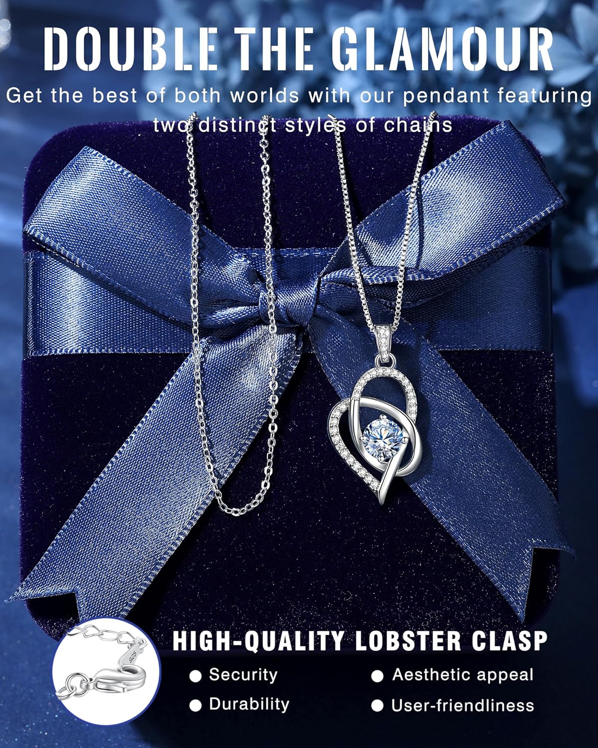 Gift for Wife from Husband, 1 Carat Heart Moissanite Necklace, 925 Sterling Silver Pendant with 2 Chains, Romantic Anniversary, Birthday, Valentine’s Day, or Wedding Gift in Elegant Box for Her - Image 3