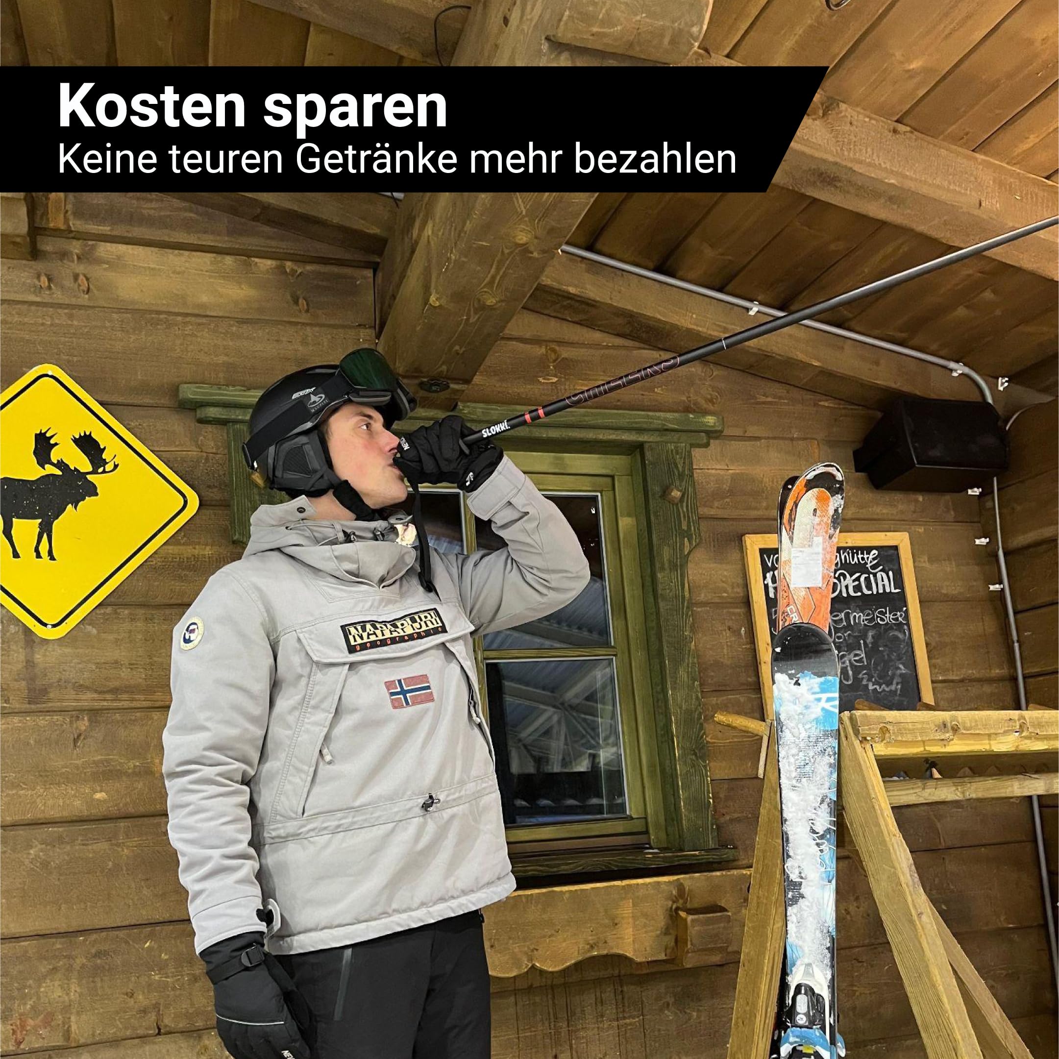 Skistöcke mit Getränkebehälter | 2X 200 ML | Hochwertiges Aluminium 7075 | Skistöcke für Ihr Lieblingsgetränk | Schwarz | Unisex | Inklusive praktischem Trichter