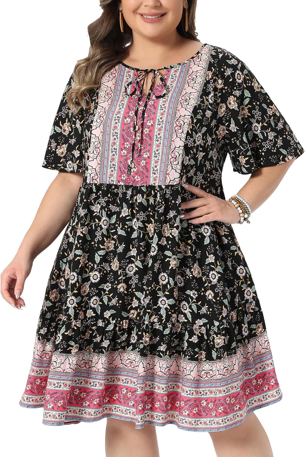 Agnes Orinda Plus Size Summer Boho Floral Dresses for Women Tie Crew Neck Short Sleeve Midi Sun Dress Beach Flowy - Image 2