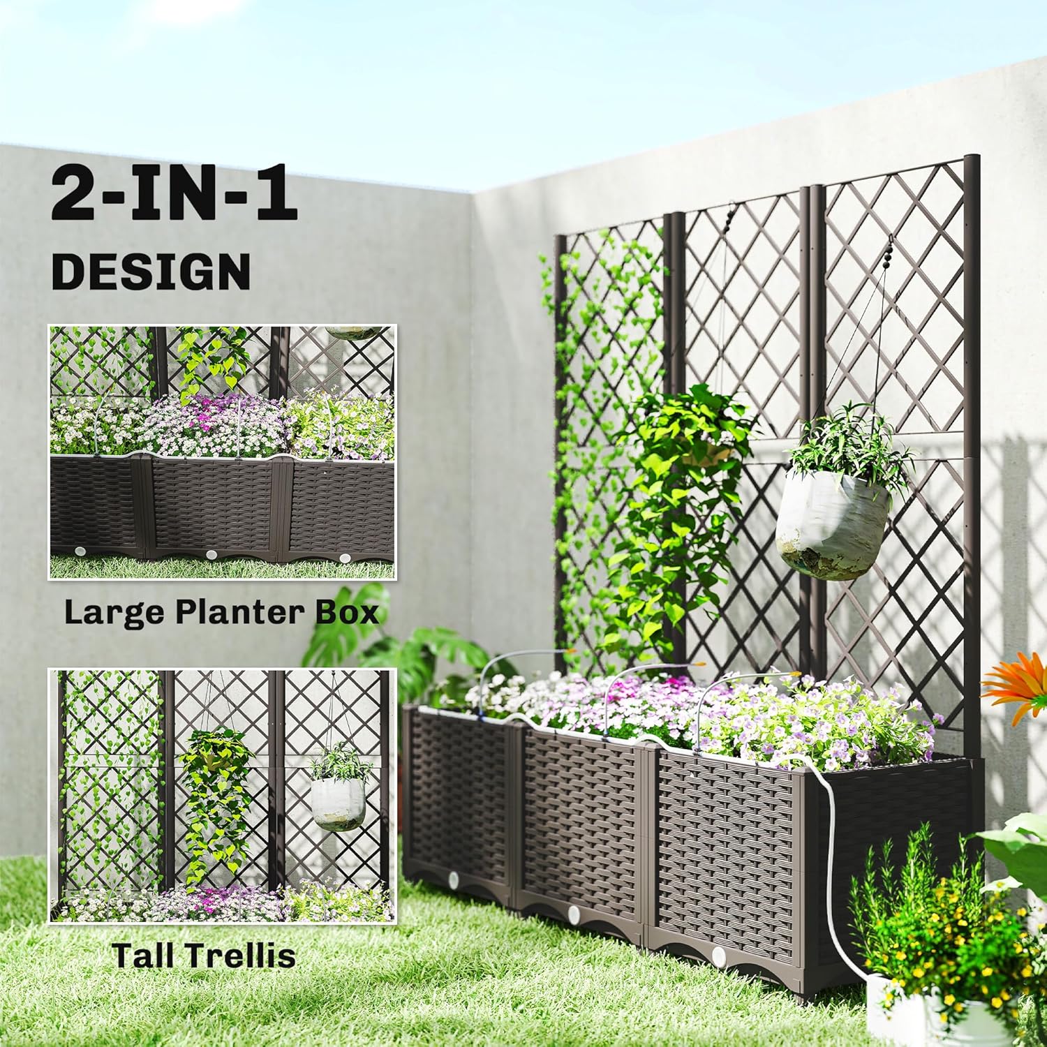 Outsunny 3PCS Plastic Planter Box with Trellis, Self-Watering Raised Garden Bed with Trellis and Automatic Watering Timer Kit, Outdoor Raised Planter with Drainage Holes, Plugs and Water Reservoir