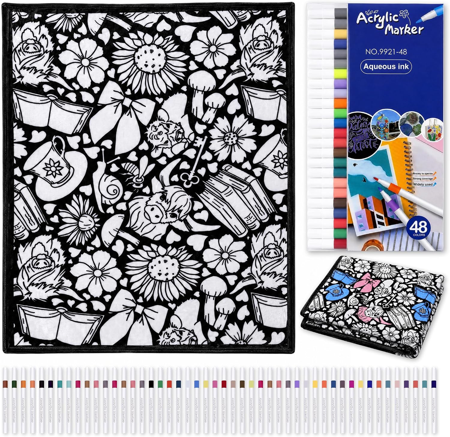 DIY Coloring Blanket-48 Colors Markers for Adults,Doodle Blanket (Roses) thumbnail
