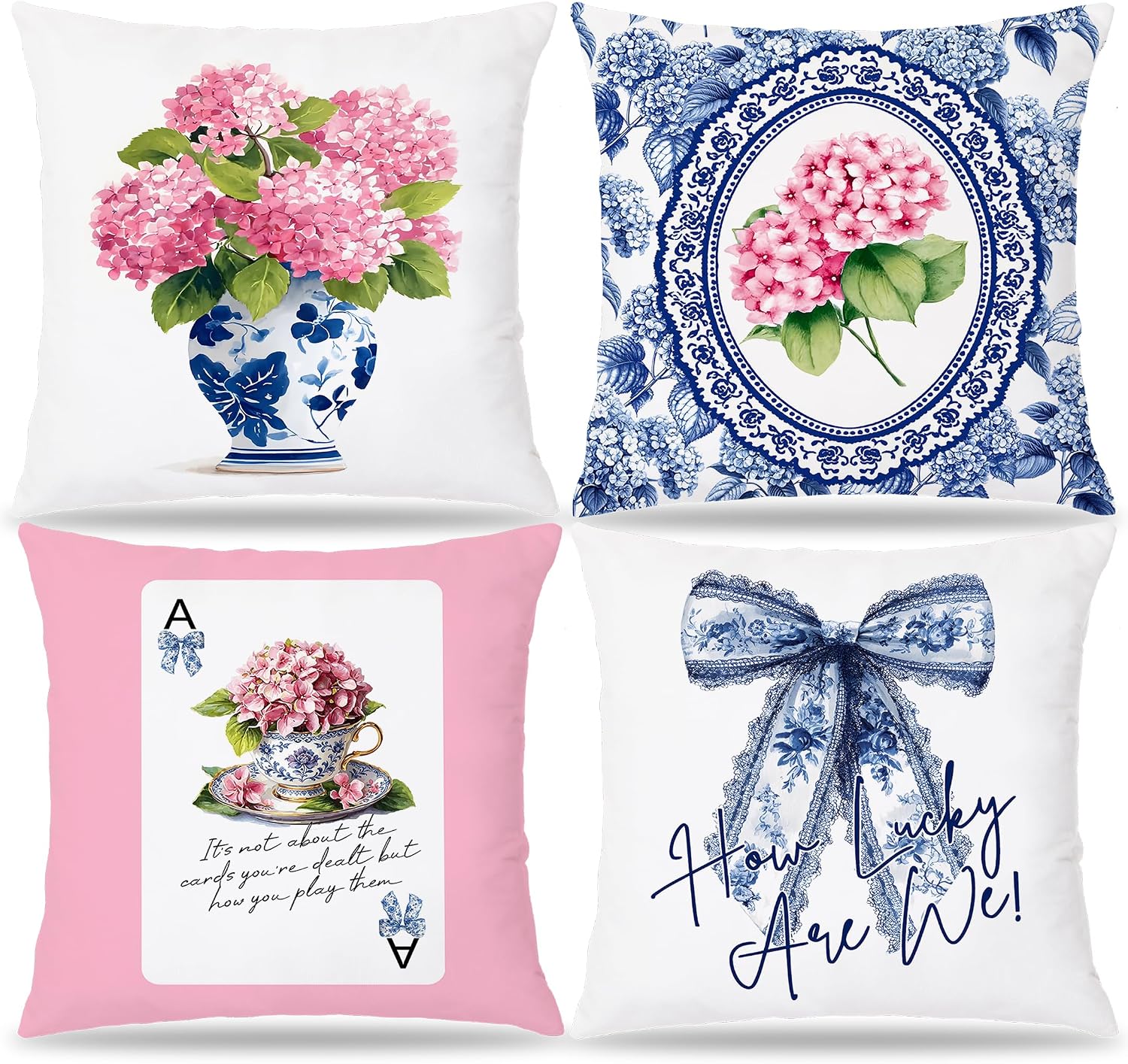 Chinoiserie Blue and White Pink Hydrangea Floral Pillow Cover 18x18 Double-Sided Set of 4,Grandmillennial Home Decor,Pink Spring Hydrangea Decorative Throw Pillow Cover for Home Living Room