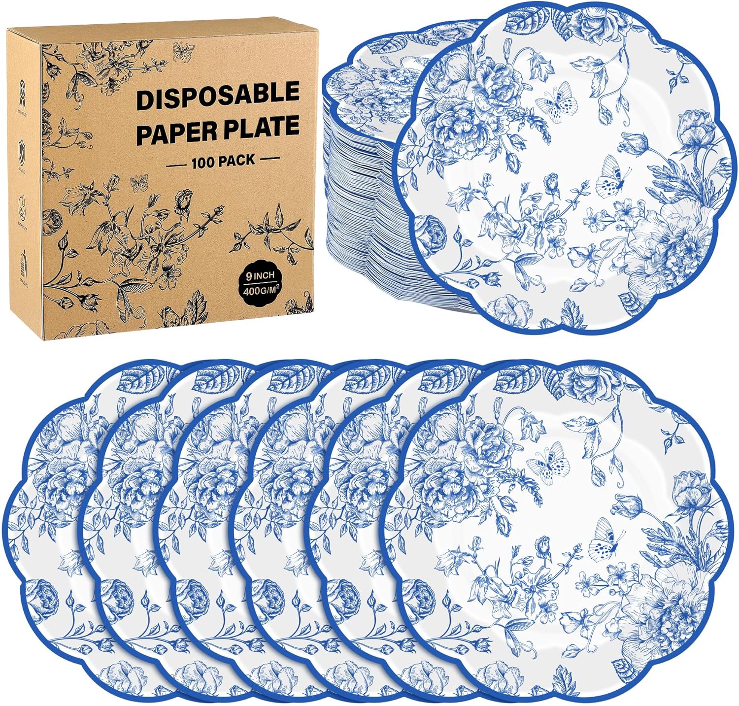 Kochorie 100 Pieces Blue Floral Paper Plates 9 Inches Disposable Blue and White Flower Scalloped Plates Vintage Floral Dinner Dessert Decorative Plate for Wedding Baby Shower Birthday Party Supplies
