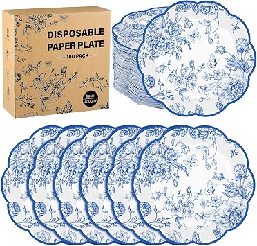 Kochorie 100 Pieces Blue Floral Paper Plates 9 Inches Disposable Blue and White Flower Scalloped Plates Vintage Floral Dinner Dessert Decorative Plate for Wedding Baby Shower Birthday Party Supplies