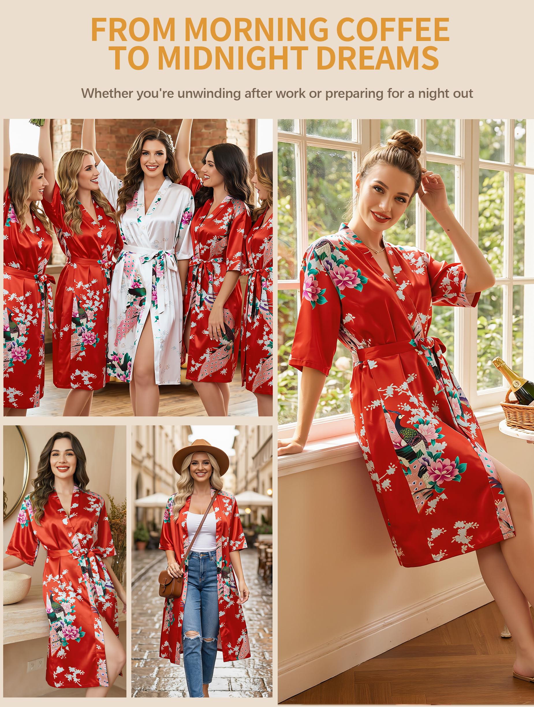 Vlazom Damski satynowy szlafrok długi jedwabny kimono szlafrok paw i kwiaty szlafrok dla panny młodej na wesele S-XXL