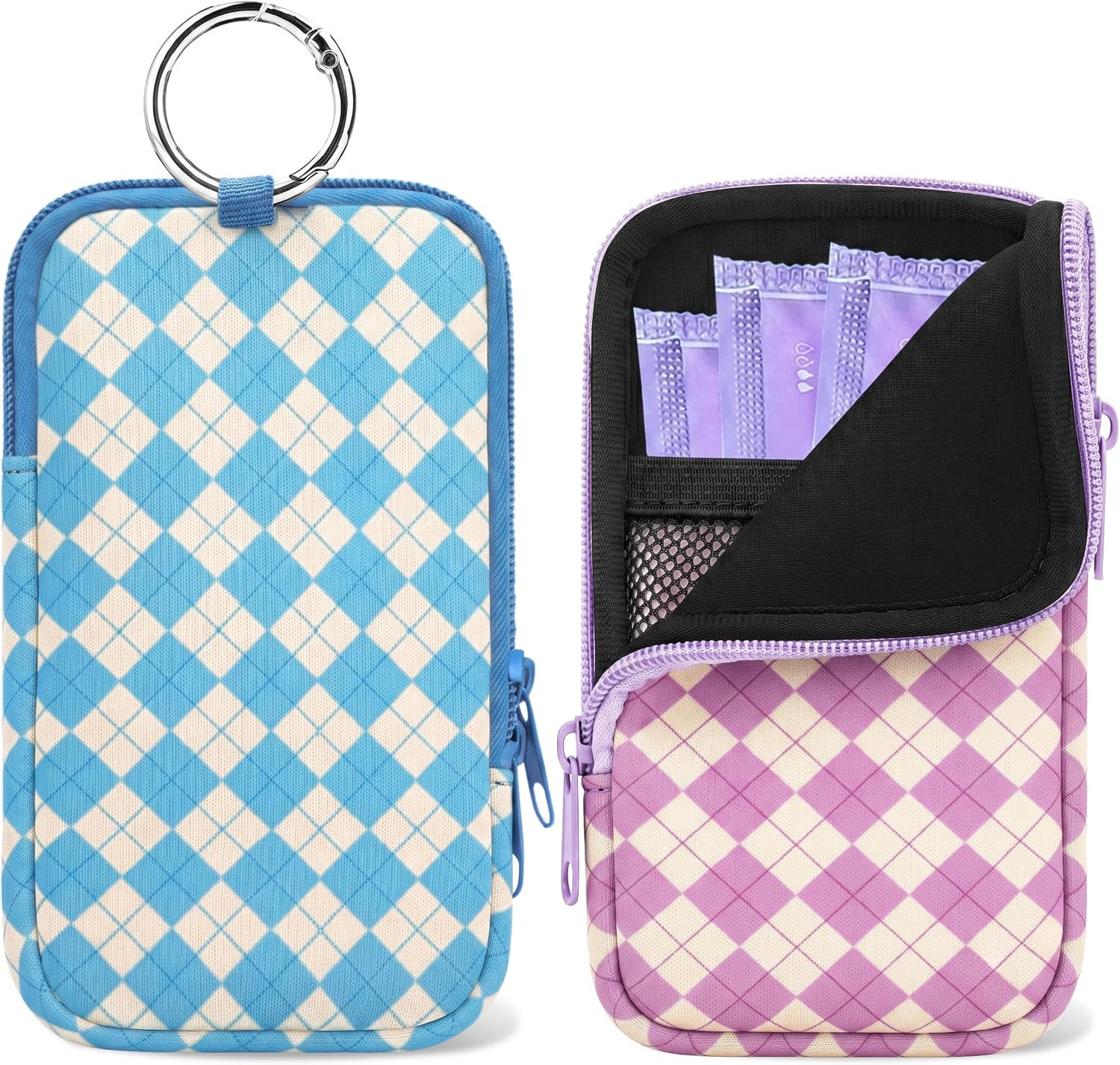 2 Pack Portable Tampon Holder Zippered Pouch with Snap Hook, Waterproof Travel-Friendly Discreet Period Bag, Feminine Products Organizer for Women Purse (Flower Plaid)