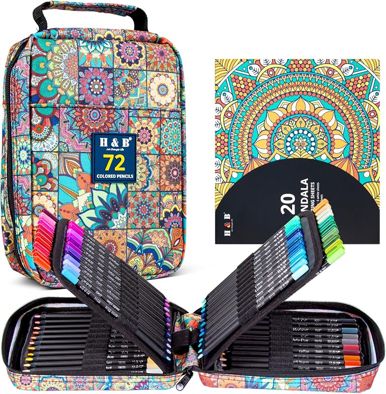 H & B Juego de 72 lápices de colores para adultos con libro para colorear de 3 colores y estuche | Núcleos suaves a base de aceite para artistas, madera negra, coloración de mandala para aliviar el estrés, kit de dibujo portátil con sacapuntas y borrador