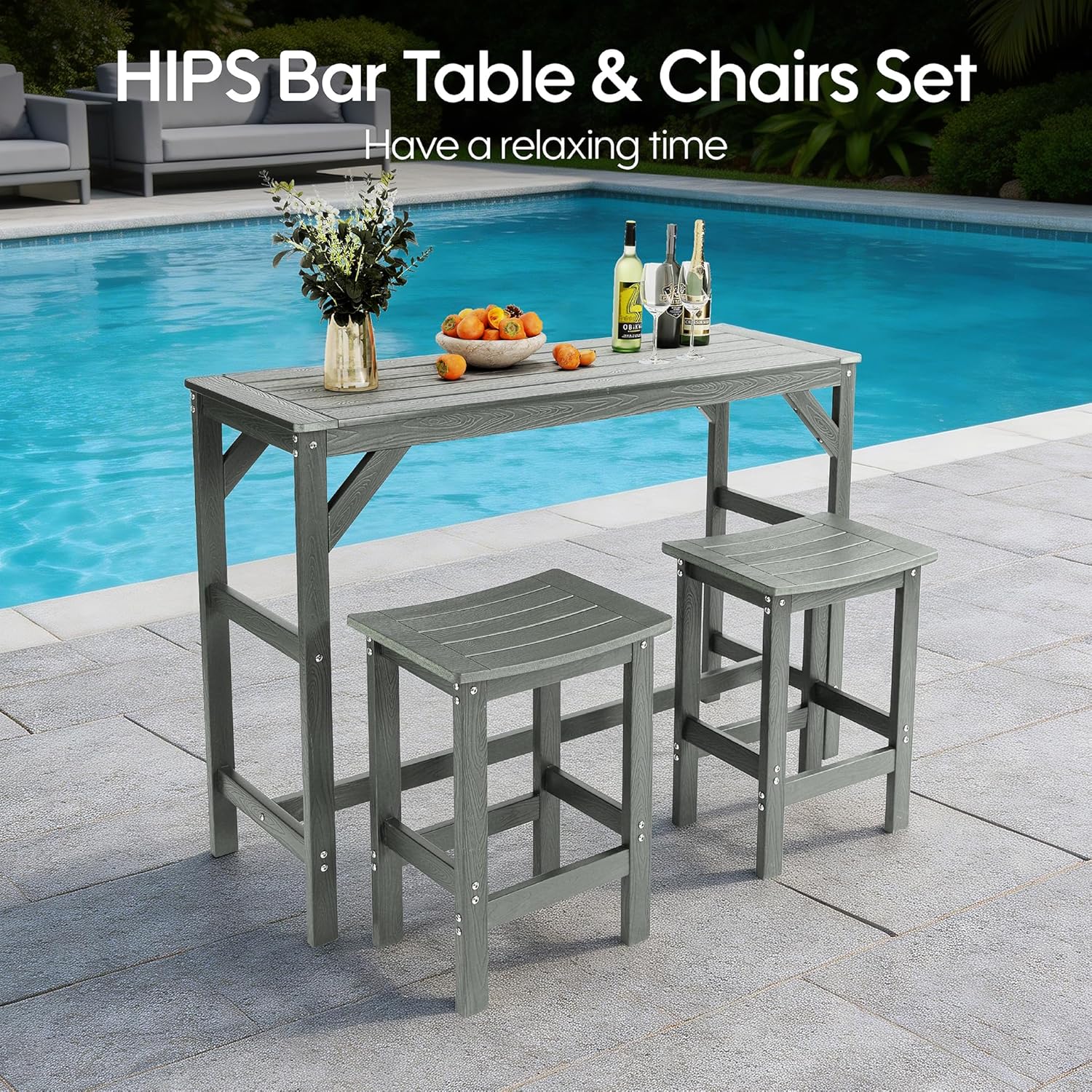HIPS Outdoor Patio Bar Set, All Weather HIPS Bar Table and Chairs Set for Outside, 55" Rectangular High Top Bar Table with 2 Bar Stools for Poolside, Patio, Balcony, Deck (Grey, 3 Pcs Set)