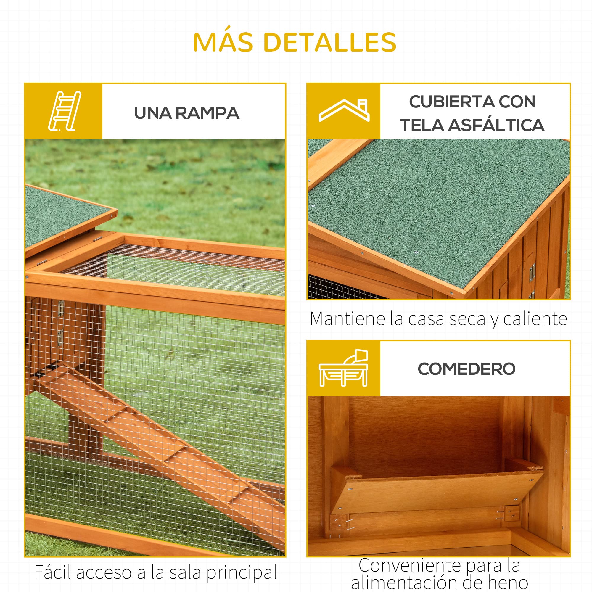 PawHut Conejera de Madera Exterior Jaula para Conejos de 2 Niveles 156x58x68 cm con Techo Asfáltico 2 Corrales de Metal Bandeja Extraíble 2 Puertas Ventana y Rampa Natural