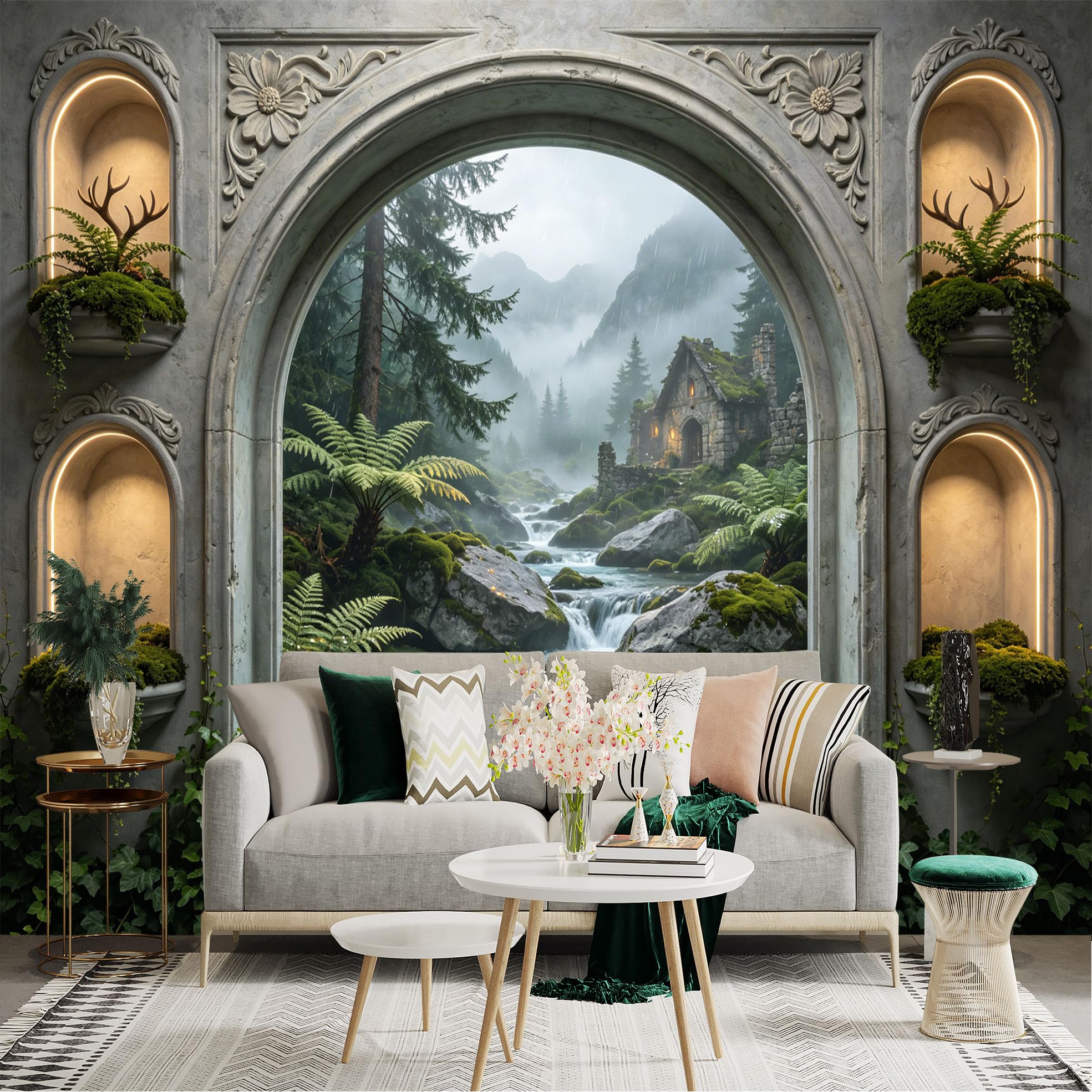 Custom Size Wall Sticker Mural， Forest Waterfall with Stone Cottage and Misty Mountains， for wall Decoration， peelandstick wall Decals.