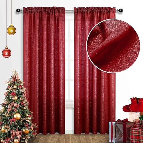 Miniatura 5 de Mrs.Naturall Cortinas semitransparentes y transparentes con ojales de 84 pulgadas con purpurina roja brillante y para decoración de dormitorio y