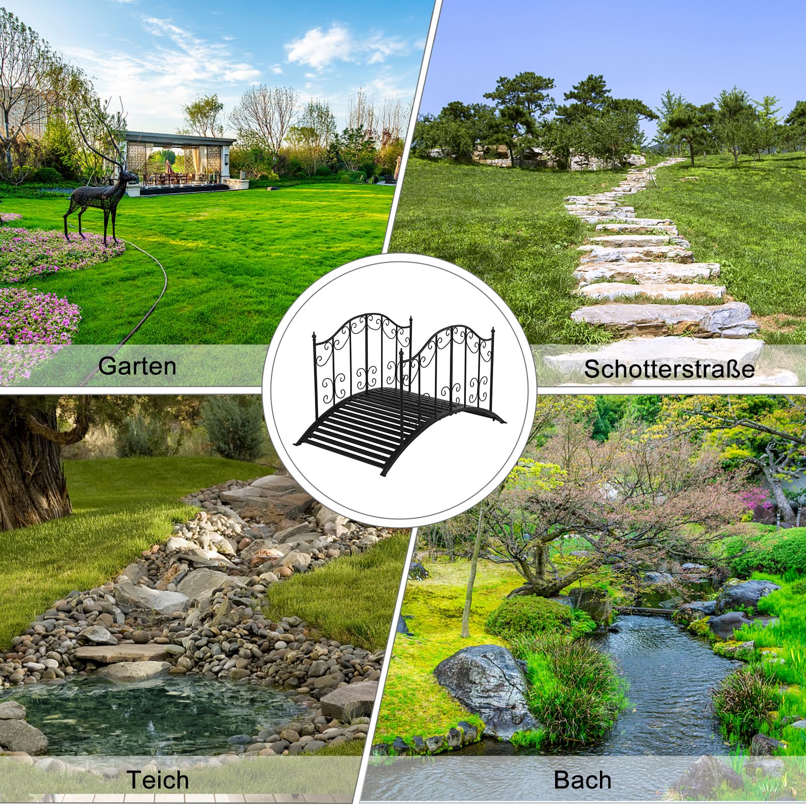 Bonnlo Gartenbrücke Metall 120cm, Teichbrücke mit kunstvoll gemustertem Geländer, Brücke Stabil und Wetterfest, bis 204 kg belastbar, Zierbrücke für Garten, Teich und Bach,Schwarz