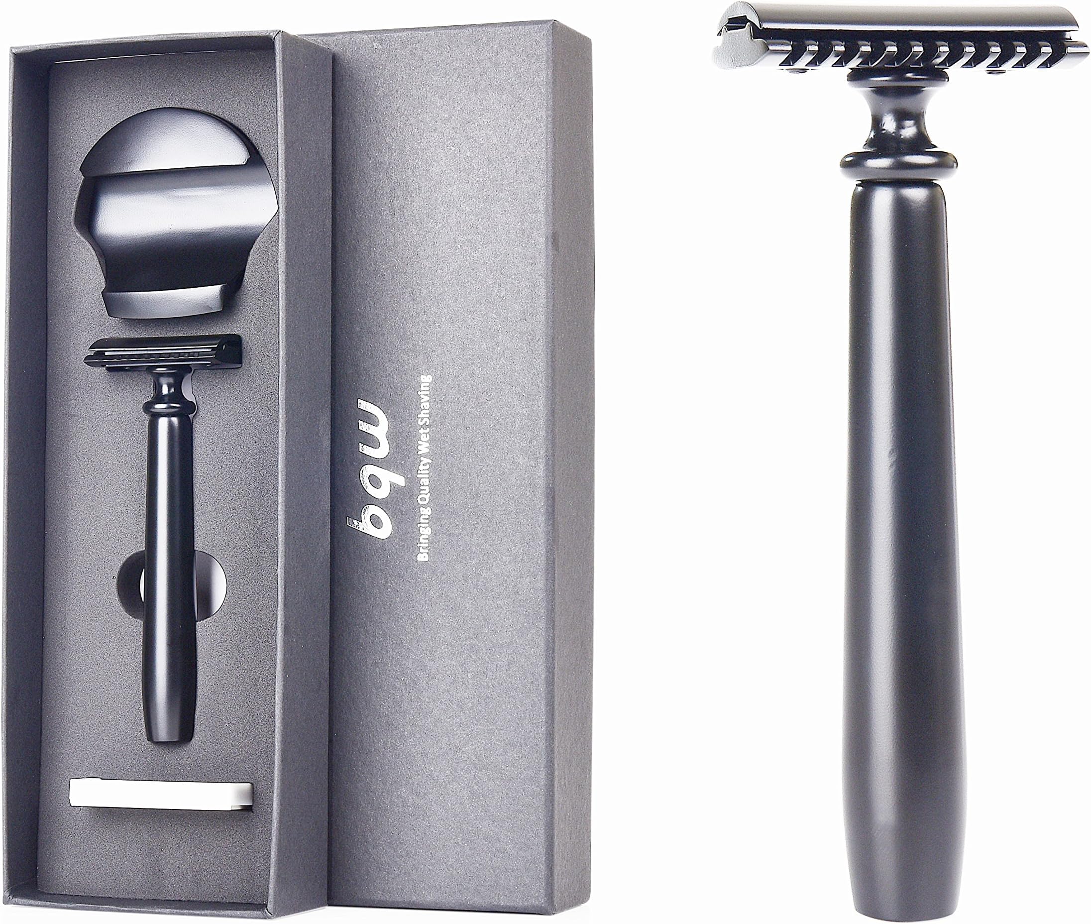 bqw Double Edge Safety Razor Wet Shaving Kit with Razor Stand and 5 Premium Blades No Irritation Perfect Gift for a Man