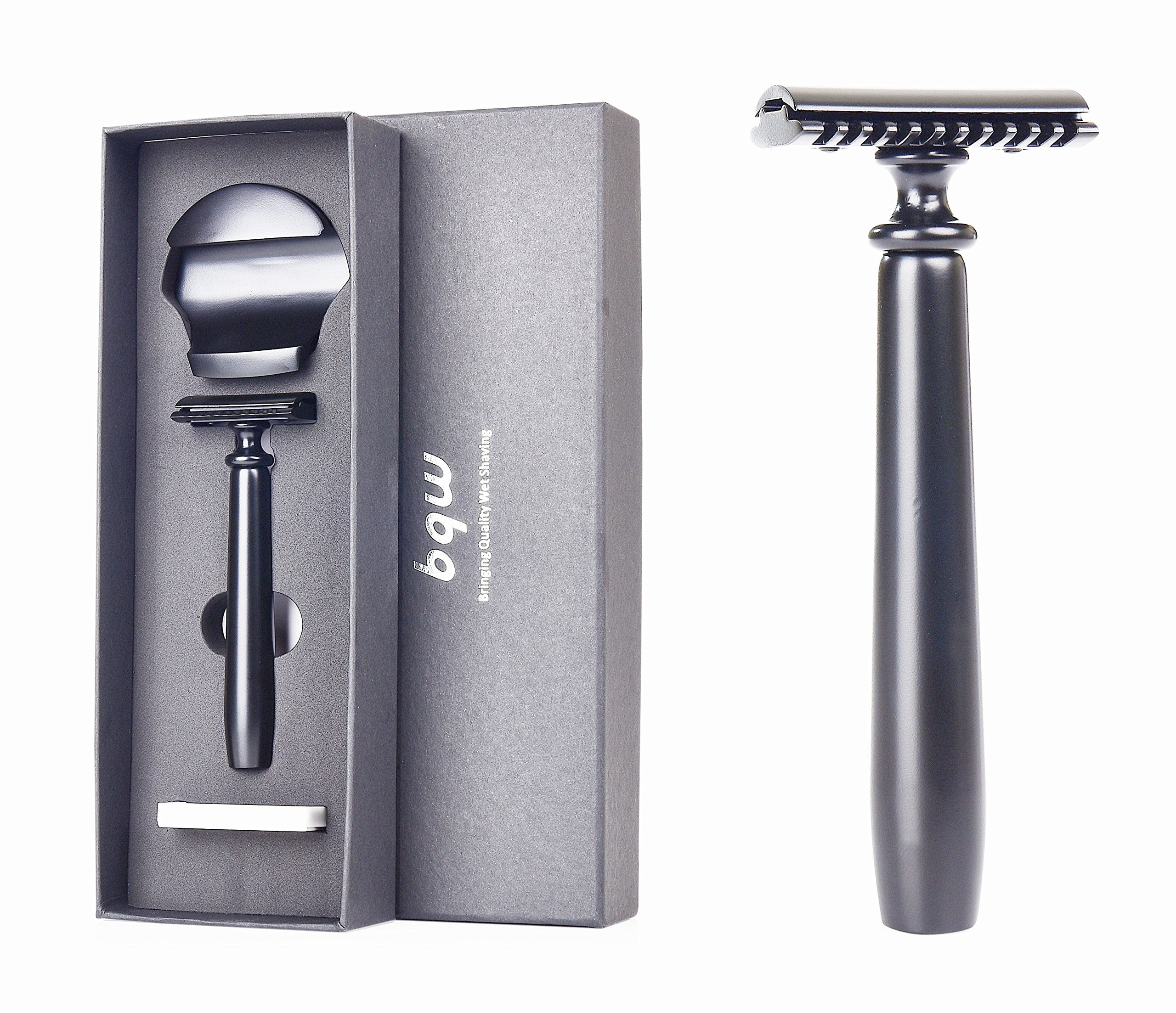 bqw Double Edge Safety Razor Wet Shaving Kit with Razor Stand and 5 Premium Blades No Irritation Perfect Gift for a Man