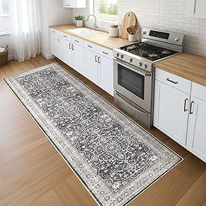 Runner Rug Kitchen Washable Rugs: 3x10 Non-Slip Boho Vintage Distressed Stain Resistant Indoor Floor Moody Oriental Throw Carpet for Hallway Bathroom Laundry Room Entryway Bedroom- Black