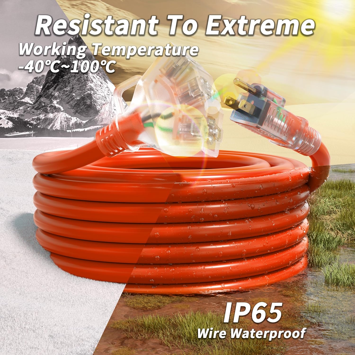 PlugSaf 1 FT 2 Pack 12/3 Gauge Outdoor Extension Cord with Multiple Outlets Light Indicator, Weatherproof 3 Outlet Heavy Duty Extension Cord Waterproof Orange, 15A 1875W 12AWG SJTW, ETL Listed