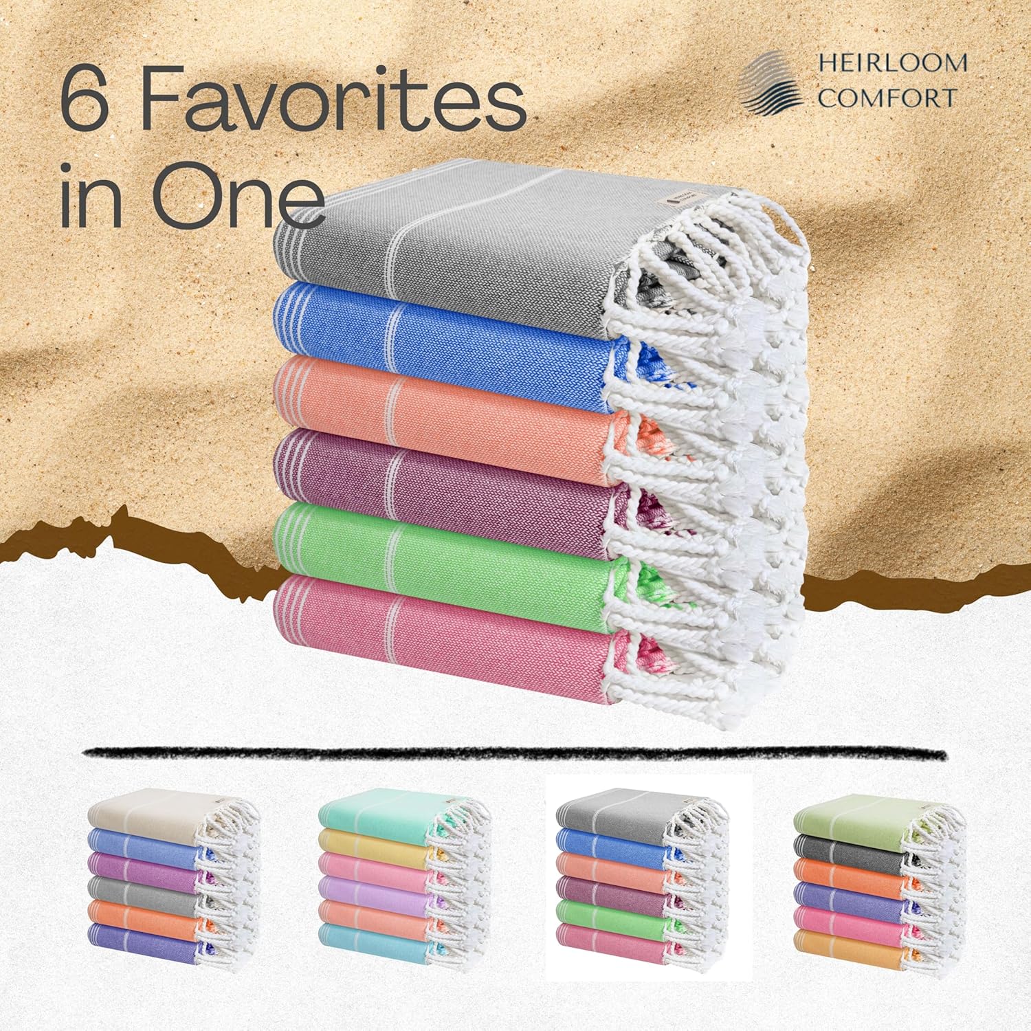 Multi Color Turkish Beach Towels 6 Pack, Oversized 40"x71", Sand Free, Absorbent, 100% Cotton, Quick Dry, Spa, Gym, Travel, Pool Towels, Prewashed, Machine Washable - Carnival Colors