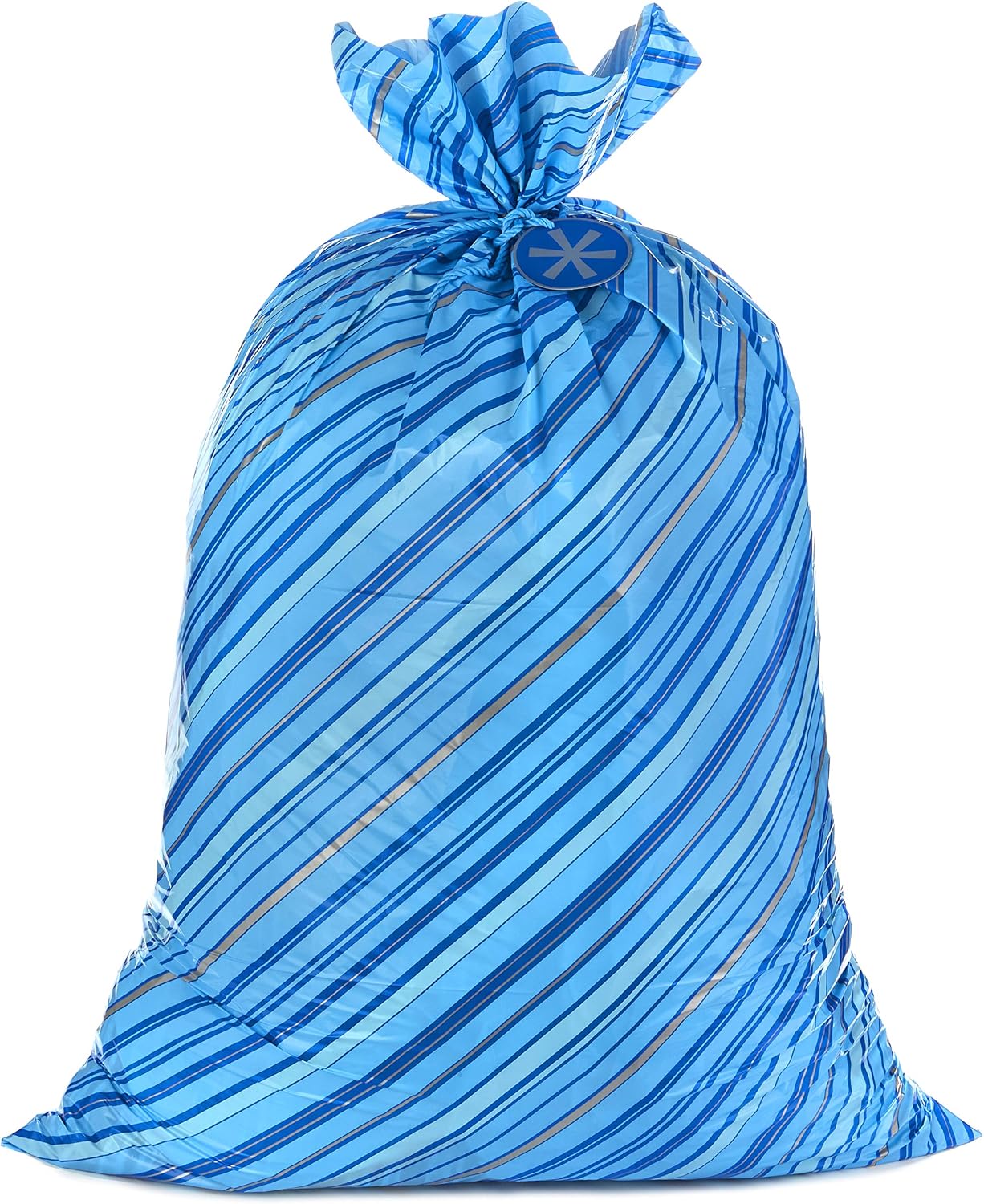 Hallmark 56" Jumbo XL Holiday Plastic Gift Bag (Blue Stripes with Gift Tag) for Hanukkah, Christmas, Father's Day, Birthday, Graduations, Baby Showers