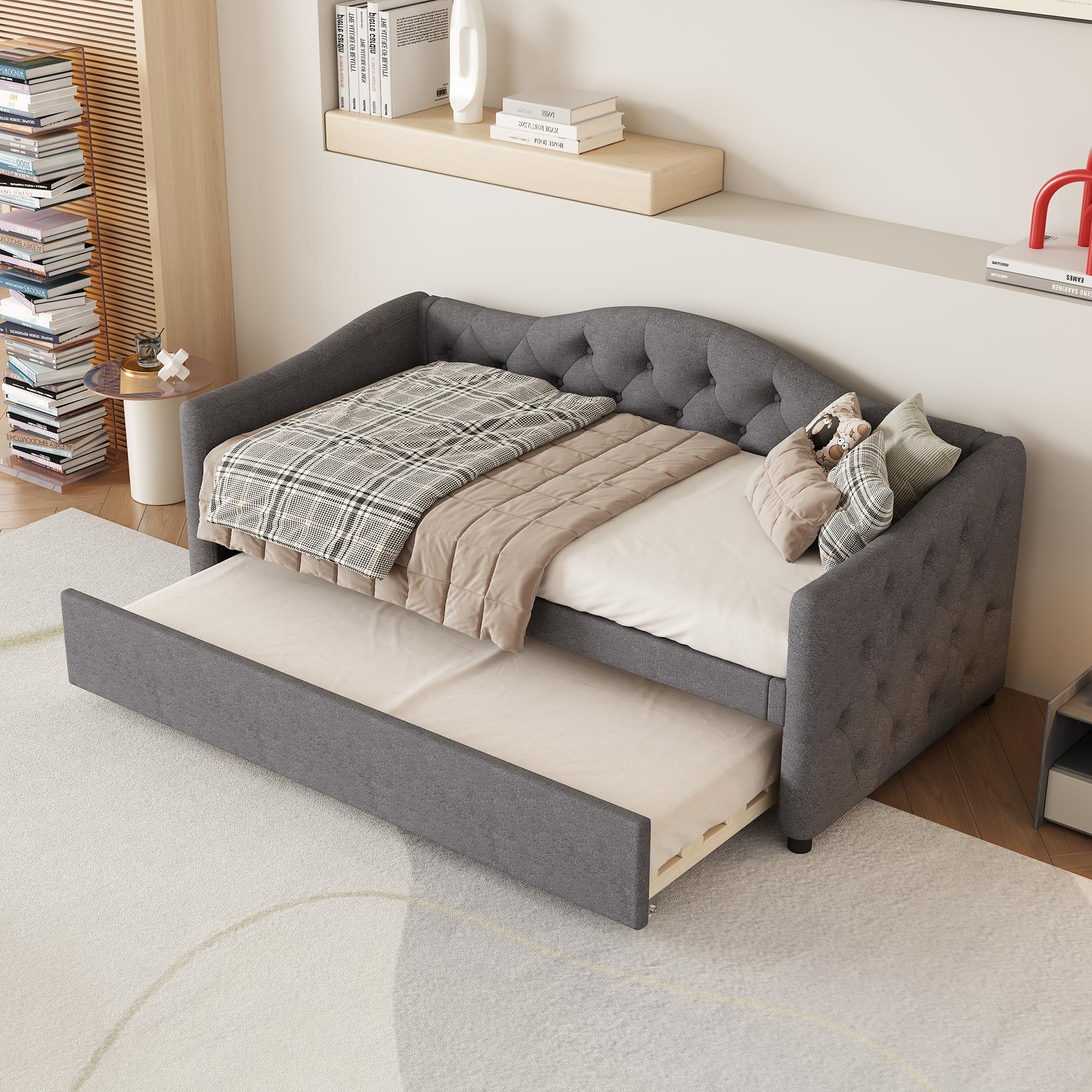 Kebnor 90 x 200 cm, letto con letto estraibile, divano letto, letto singolo (senza materasso), lino, stile minimalista (grigio)