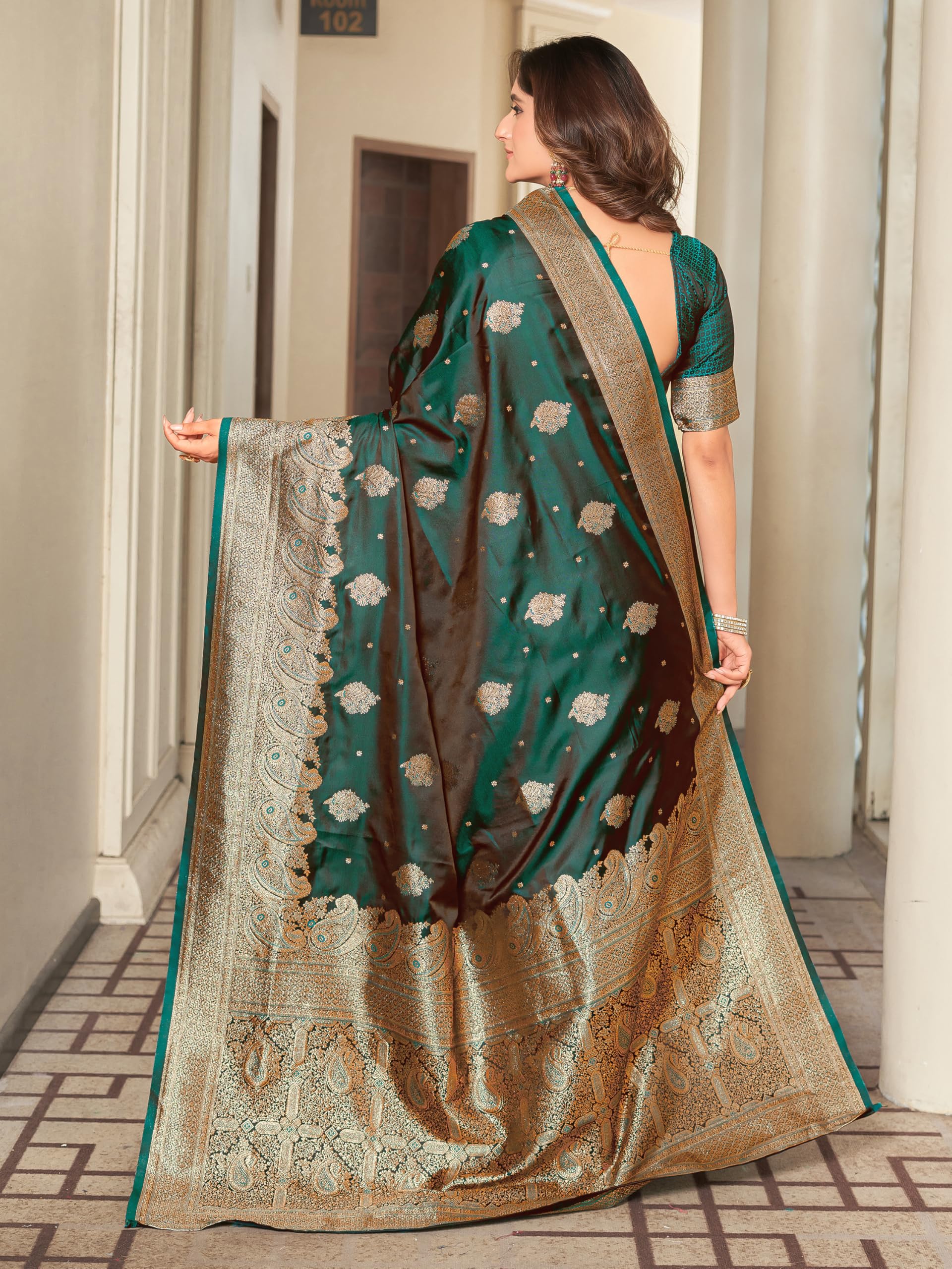 Glory Sarees Banarasi Damen-Sari, Satin, Seide, elegant verarbeitet, anmutiges Design mit Blusenteil (Satin Silk_Parent)