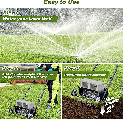 Miniatura 6 de Suchtale Aireador de púas de empuje de 18 pulgadas, aireador de césped rodante resistente, aireador de césped con pico giratorio, equipo de