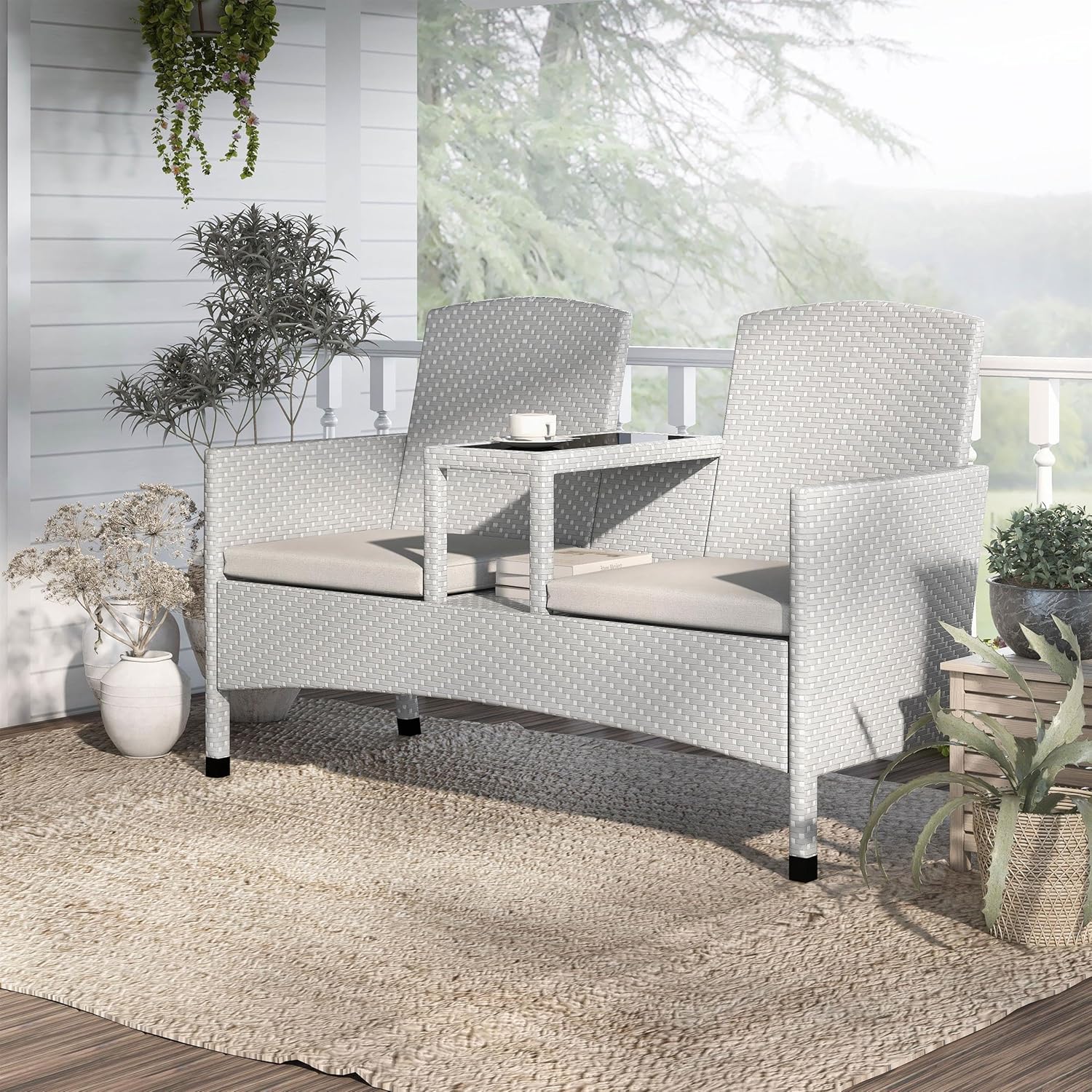 Furniture of America Azur Gray Metal Wicker Patio Conversation Loveseat