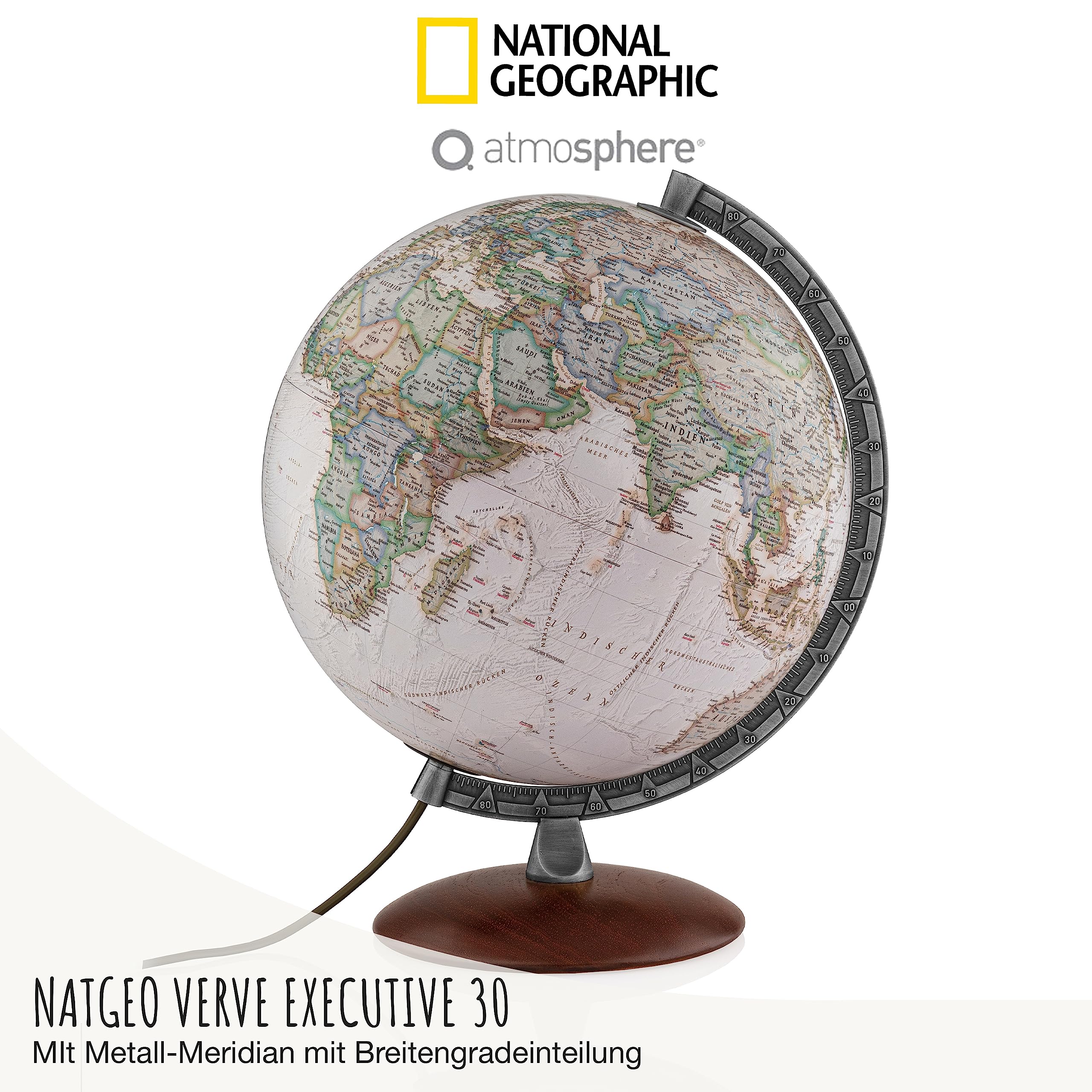 National Geographic Verve Executive Antik-Globus - 30 cm Globus mit politisch-physischer Kartografie in deutscher Sprache, beleuchtet und mit drehabren Holzfuß und Metallmeridian