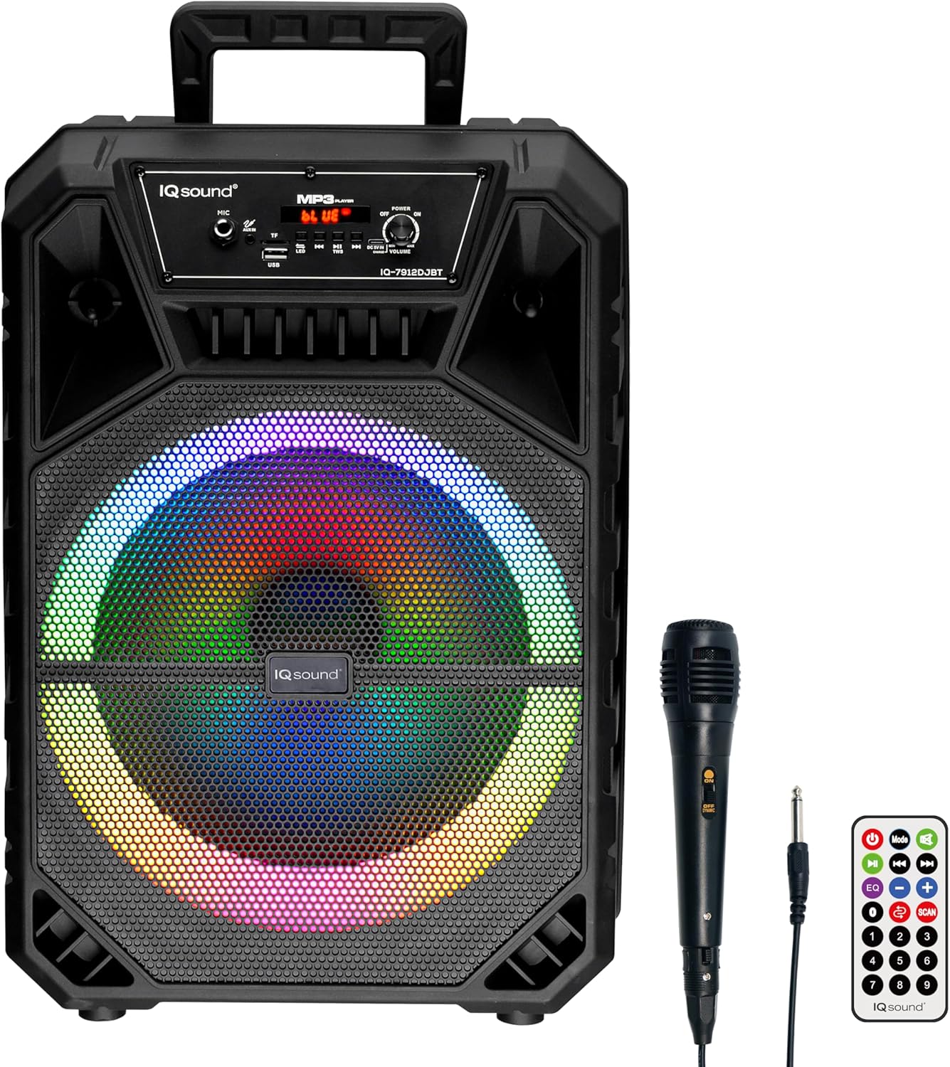 IQ Sound IQ-7912DJBT 12” Portable Bluetooth Speaker with TWS Pairing, LED Light Show, FM Radio, Remote & Mic, Built-in Handle & Tripod Socket, USB/Micro SD/AUX, Rechargeable Battery