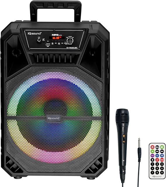 IQ Sound IQ-7912DJBT 12 مكبر صوت بلوتوث محمول مع اقتران TWS، عرض ضوء LED، راديو FM، جهاز تحكم عن بعد وميكروفون، مقبض مدمج ومقبس حامل ثلاثي القوائم، USB/Micro SD/AUX، بطارية قابلة لإعادة الشحن