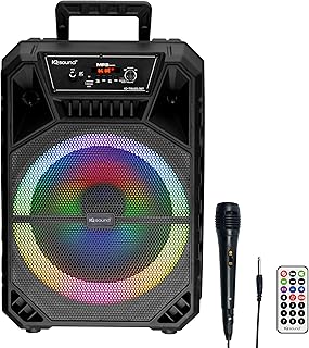 IQ Sound IQ-7912DJBT 12” Portable Bluetooth Speaker with TWS Pairing, LED Light Show, FM Radio, Remote & Mic, Built-in Handle & Tripod Socket, USB/Micro SD/AUX, Rechargeable Battery