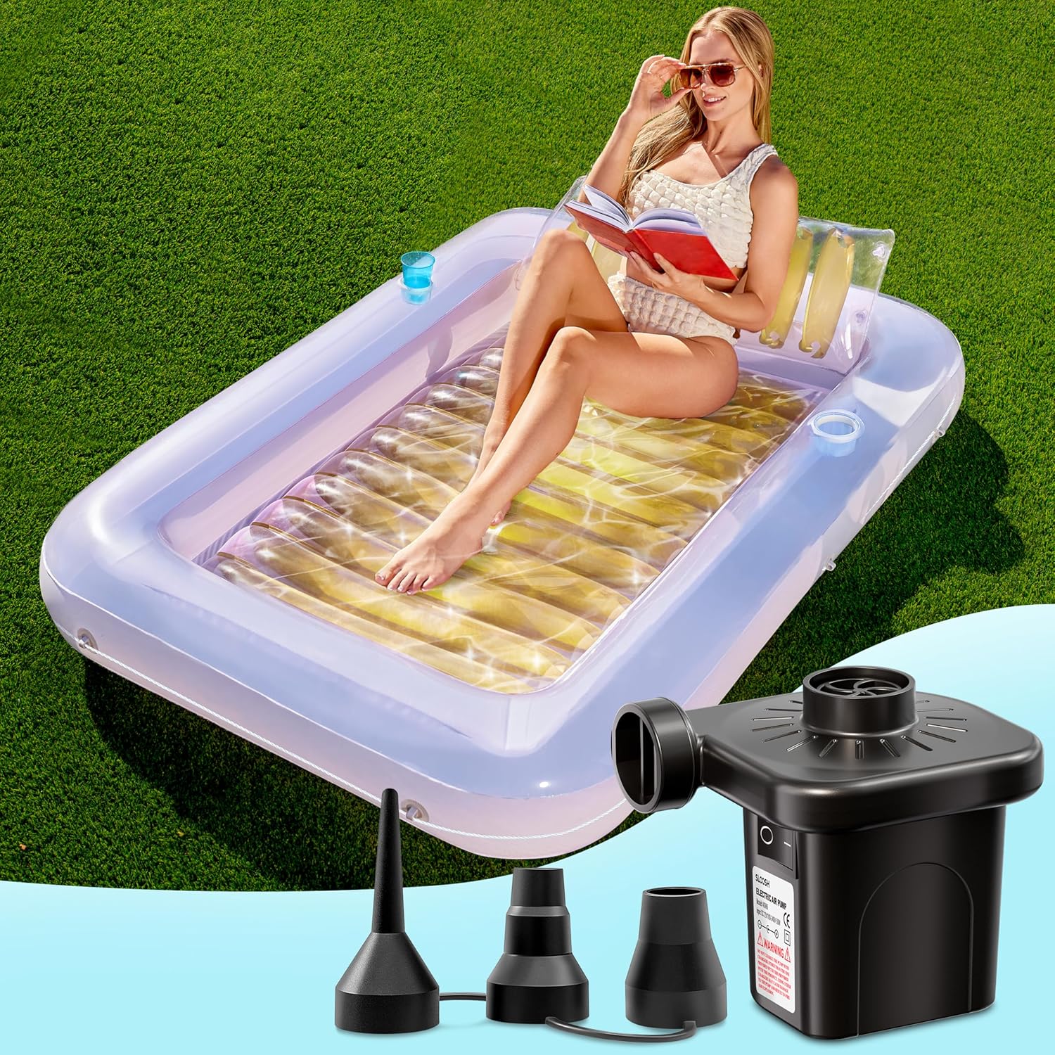 SLOOSH Inflatable Tanning Pool & Electric Air Pump Set –70" x 46" Sun Lounger with Pillow, 2 Cup Holders, Grab Rope & Fast-Fill Pump for Pool, Beach,Golden White