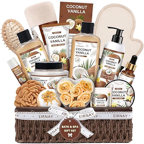 Christmas Gifts For Women - 16 PCS Birthday Gift Basket for Women Set of Coconut Vanilla Self Pampering Set, Includes Luxurious Home Spa Shower Gel Bubble Bath