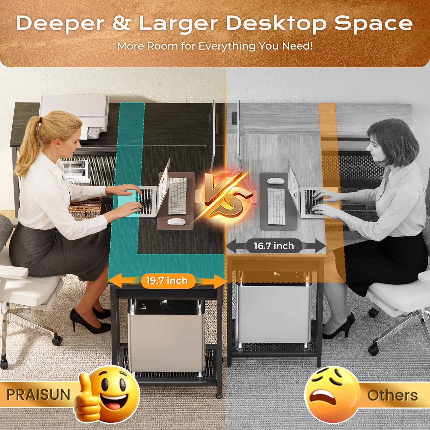 Comparison image showing a recessed power strip with multiple outlets on the PRAISUN desk versus a cluttered external power strip.