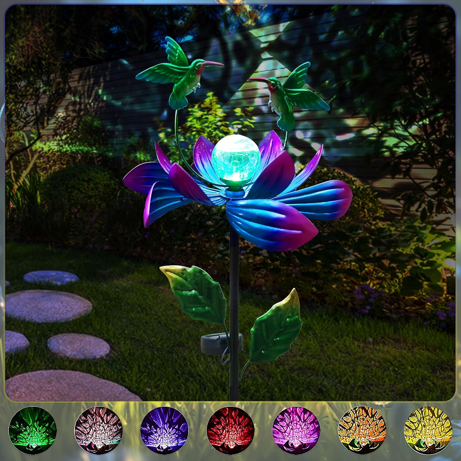 ソーラー ハチドリ ウィンドスピナー メタル ソーラー ロータス フラワー パス ライト ガーデンステーク、風車 LED 色が変わる