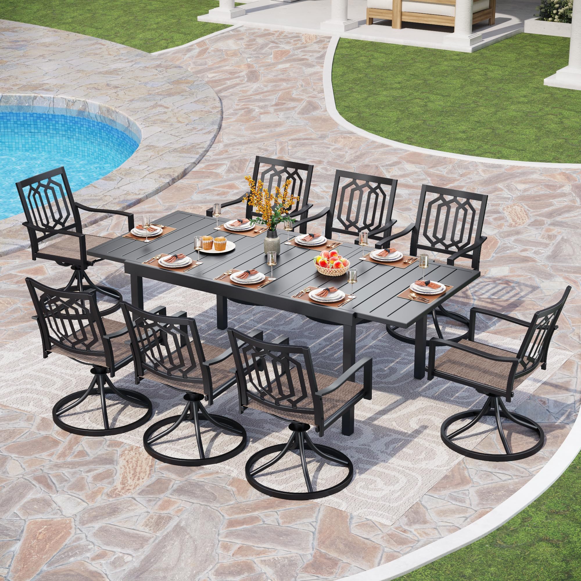 PHI VILLA 9 Pieces Outdoor Dining Set, Expandable Metal
