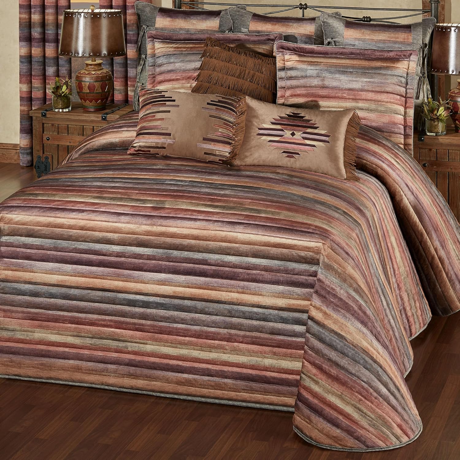 Sedona Luxury Velvet Bedding | Rich Jewel Tone Color Palette in Striated Ombre Hues | 6 Piece Queen Bed Set Includes Oversized Queen Bedspread, 2 Standard Shams, and 3 Decorative Southwestern Pillows