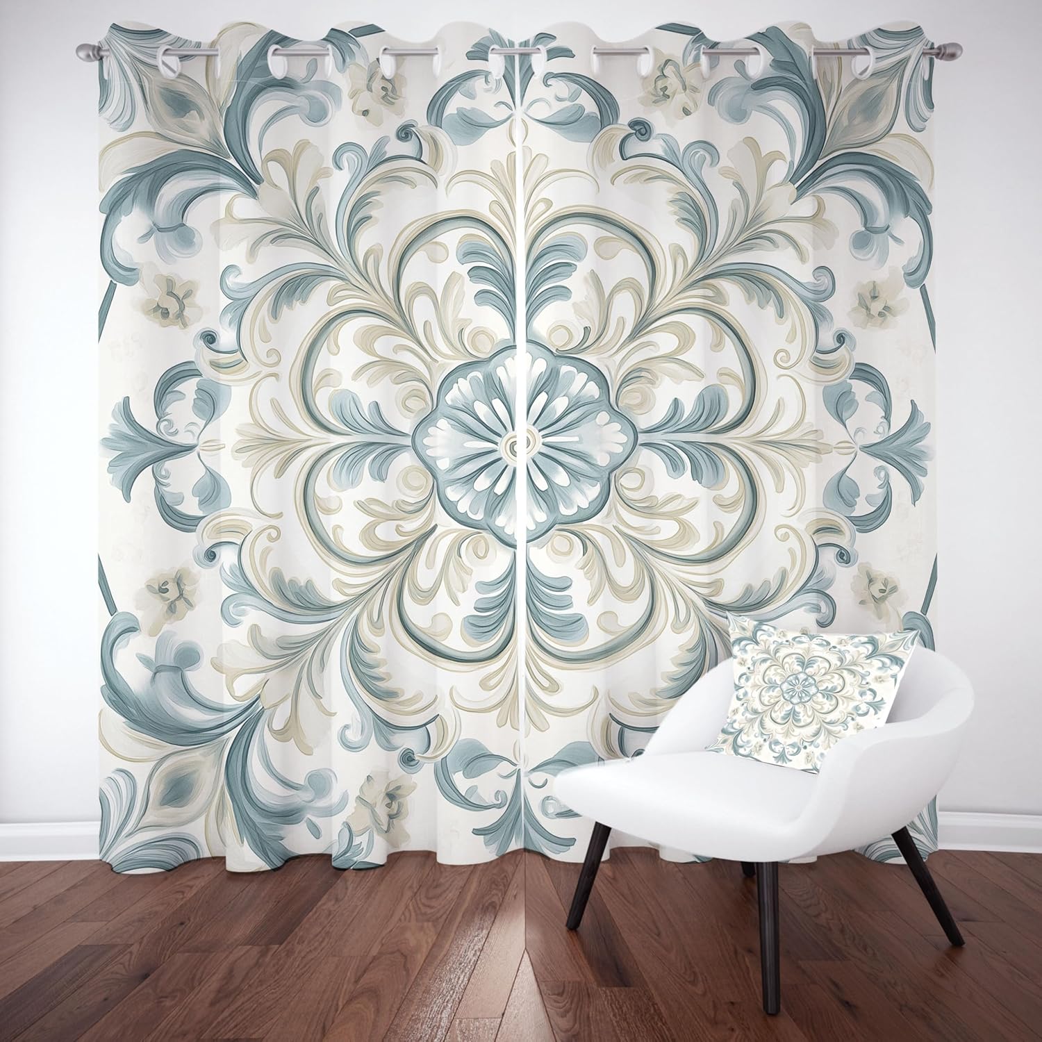 Baroque Flowers Curtain 42 x 54 inch, 2 Panel Set, Mandala Style Pattern Drapes for Bedroom, Black Out Curtains 54 Inch Long, Retro Folk Art Curtains, Home Decor, Grommet Blackout Curtain