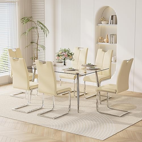 Miniatura 21 de Juego de mesa de comedor moderno de 51" de 7 piezas para 6, mesa rectangular de cristal con 6 sillas tapizadas en cuero, capacidad para 6 personas,