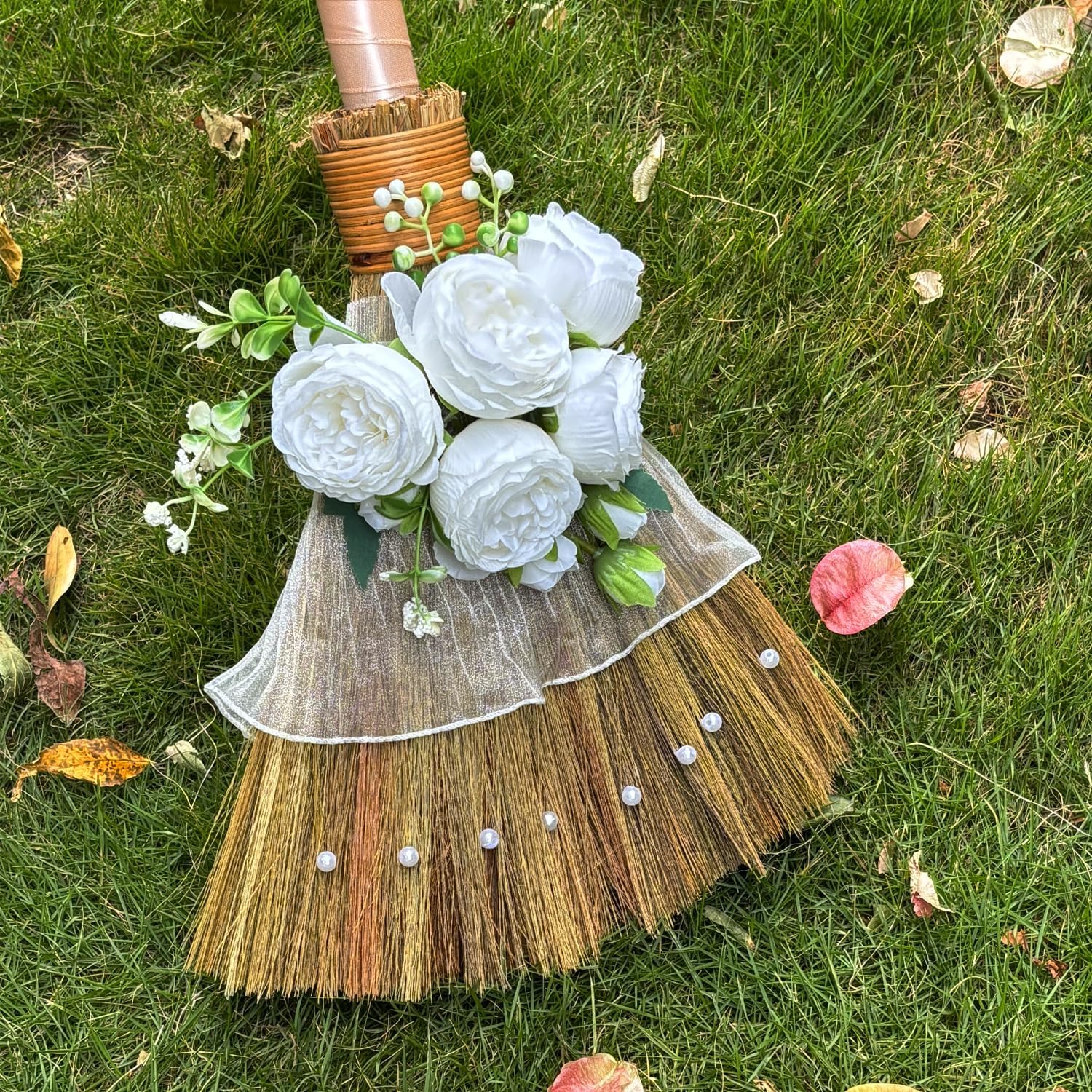 Wedding Brooms DIY, Bride & Bridegroom Jump Broom, Whisk Wedding Broom with Ribbons, Simulated Roses and Pearls, Lace Cloth